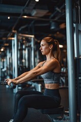 A woman is working out at a gym, using a machine to exercise her arms