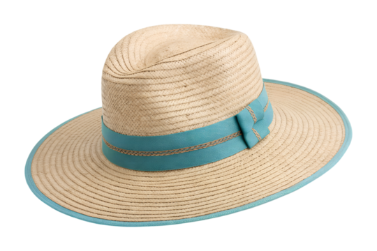 An elegant woven straw hat with a blue band and blue brim is prominently displayed. This is a transparent png image, perfectly isolated.