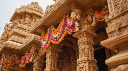 Ornate Temple Entrance with Floral Garland, Intricate Stone Carvings, and Traditional Indian Architecture