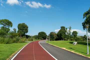 New pathway and beautiful trees track for running or walking and cycling relax in the park