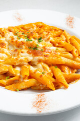 A closeup view of a plate of ziti al forno.