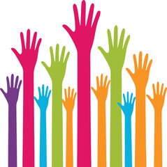 Obraz premium Diverse group of colorful raised hands vector illustration