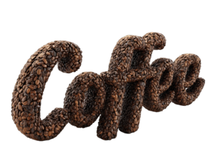 3D stylized word "Coffee" composed of coffee beans