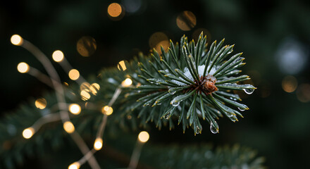 Obraz premium Close-up of a pine branch with water droplets and blurred string lights in the background.