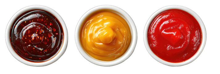 Three small white bowls filled with different sauces