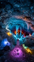 Colorful Ice Cave with Illuminated Icicles and Formations