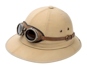 A light beige pith helmet with classic round goggles is isolated. This vintage headwear is a transparent png image, ready for use.
