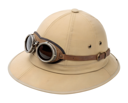 A light beige pith helmet with classic round goggles is isolated. This vintage headwear is a transparent png image, ready for use.