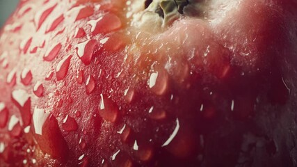 A close-up view of a juicy red apple with water droplets glistening on its surface, ideal for use in food or still life photography - Powered by Adobe