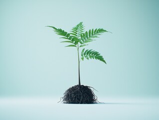Obraz premium Small fern plant with roots visible, centered on a light blue gradient background