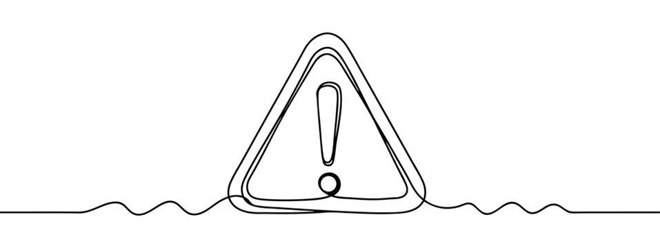 Continuous one line drawing of a warning triangle sign with an exclamation mark. Minimalist hand-drawn alert symbol vector illustration.