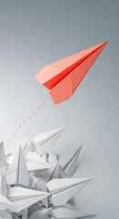 Naklejka premium Pink paper airplane soaring above white ones, symbolizing leadership, innovation, and standing out from the crowd