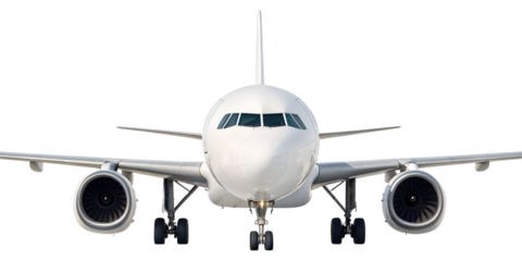 A white commercial jet airplane stands ready on the ground, seen from the front, isolated on a transparent png background.