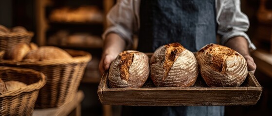 The artisan baker presenting freshly baked bread loaves in a rustic kitchen.