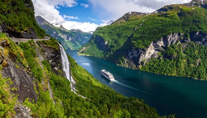 Scenic fjord landscape with a cruise ship, waterfall, and winding road.