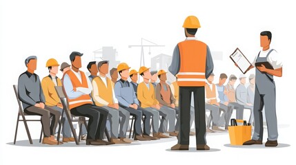 toolbox talk with safety officer, workers listening with attention, training concept on white