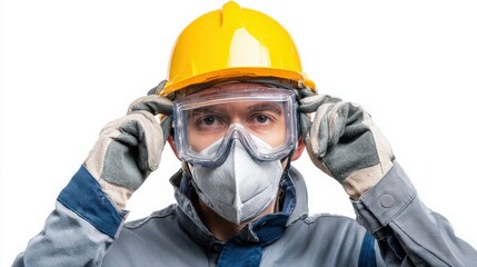 Fototapeta premium worker adjusting face shield and mask, welding safety concept, white background