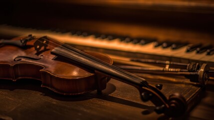 Elegant arrangement of classical instruments, violin and piano keys glowing with timeless musical charm.