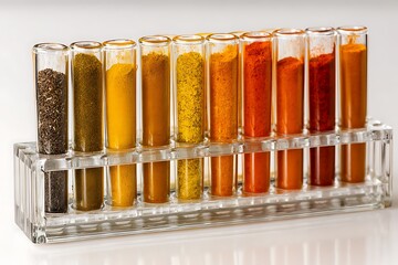 Vibrant spices in glass vials showcase culinary ingredients for cooking, food styling, and recipe creation with colorful details