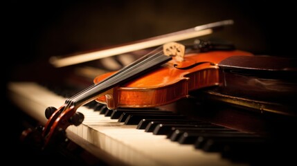 Elegant arrangement of classical instruments, violin and piano keys glowing with timeless musical charm.
