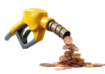 Fuel pump dispensing coins, signifying high fuel costs