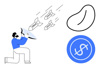 Person with shield deflecting DDoS missiles, bean-shaped object, and dollar sign in blue circle. Ideal for internet security, risk management, financial protection, cyber warfare, resilience, data