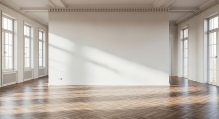 Fototapeta premium Spacious bright empty room with large windows and sunlight