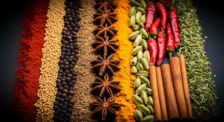 Vibrant stripes of various spices: paprika, mustard seeds, peppercorns, anise, turmeric, cardamom, chili peppers, cinnamon, oregano. Showcase of diverse culinary ingredients.