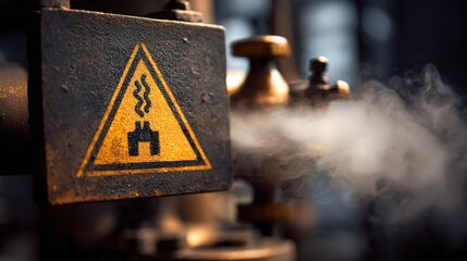 steam and pressure warning signage with valve close-up, industrial safety emphasis