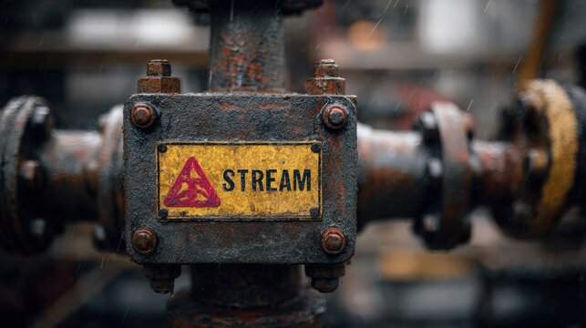 steam and pressure warning signage with valve close-up, industrial safety emphasis
