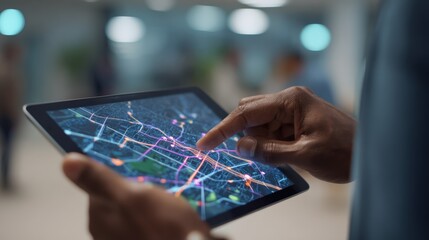 African American man uses a digital tablet displaying a complex abstract technology, data visualization and information.