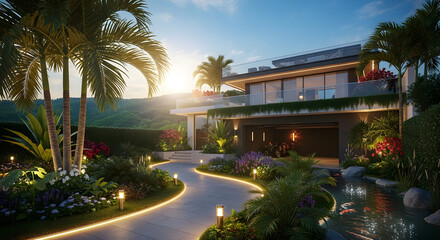 Fototapeta premium Elegant Modern House Exterior with Lush Tropical Garden at Sunset