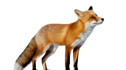 A majestic red fox stands alert with its tail curled on a transparent background isolated on transparent background