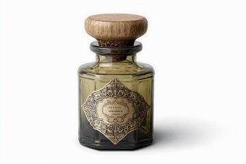 Elegant vintage glass perfume bottle with intricate gold label, perfect for beauty and luxury branding or design projects