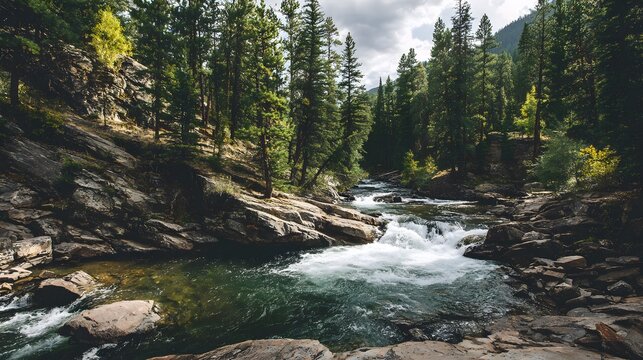 High resolution view of mountain river with cascading whitewater surrounded by rocks and pine trees perfect for hiking visuals adventure travel content and energy themed editorial spreads