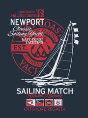 East Coast classic sailing yacht offshore regatta vintage vector print for children kid boy nautical t shirt sweatshirt 