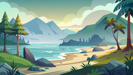 foggy nature landscape illustration with beach