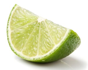 A vibrant wedge of fresh green lime showcasing its juicy pulp and zesty rind against a clean white background