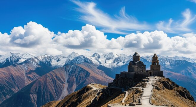 Gergeti Trinity Church in Georgia: Majestic Mountain Scenery with Blue Sky and Fluffy Clouds