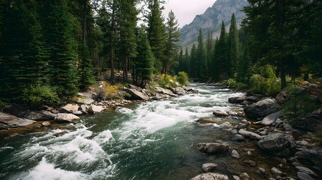 High resolution view of mountain river with cascading whitewater surrounded by rocks and pine trees perfect for hiking visuals adventure travel content and energy themed editorial spreads - Powered by Adobe