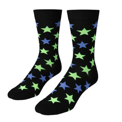 Pair of black socks adorned with vibrant green and blue star patterns