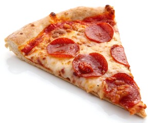 A delicious slice of pepperoni pizza with melted cheese and crispy crust on a white background