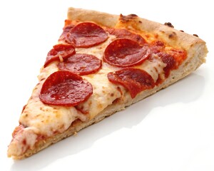 A delicious slice of classic pepperoni pizza with melted mozzarella cheese and a golden brown crust presented on a clean white background