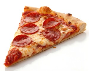 A deliciously crafted slice of pepperoni pizza featuring crispy crust melted cheese and savory pepperoni toppings on a white background