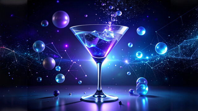 A vibrant, purple-hued cocktail in a martini glass on a reflective surface, surrounded by glowing bubbles. A deep space nebula with bright stars and neon connections forms the festive, otherworldly b - Powered by Adobe