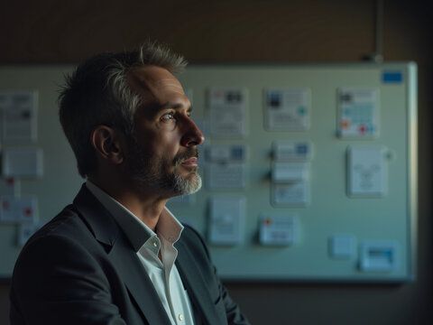 A mature man with gray hair and a beard thoughtfully contemplates technologys impact on aging populations while working in a modern office environment filled with digital devices and charts