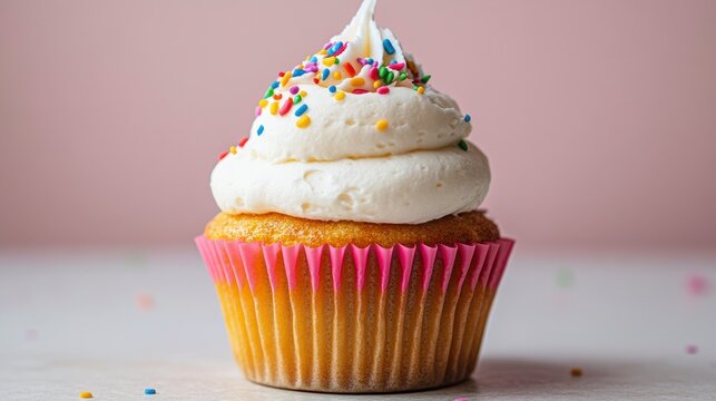 Vanilla cupcake with buttercream frosting and rainbow sprinkles on pink background.