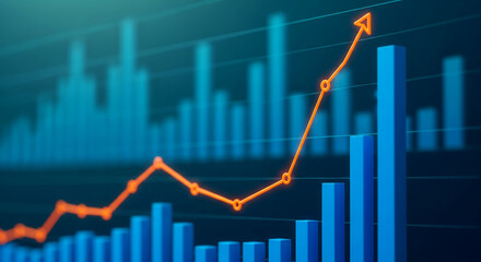 Abstract image of blue bar graph with upward trending orange line, showcasing business growth and success, ideal for financial reports or presentations
