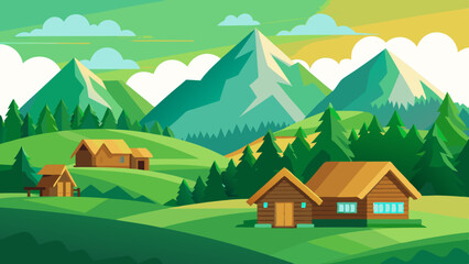 mountain green field landscape with wooden houses