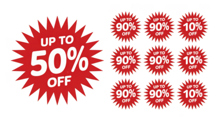 Collection of red starburst sale discount badges with percentage off offers isolated on transparent background